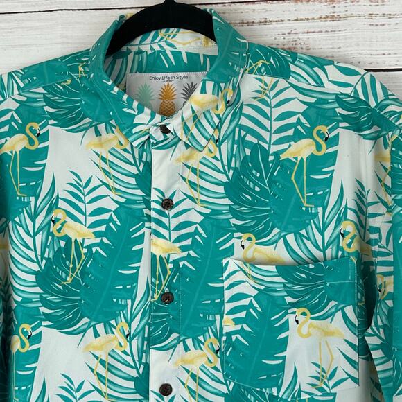 Men's NWOT Tropical Bros Teal White Palm Leaf Tropical Bold Print Button Up L - Picture 4 of 6